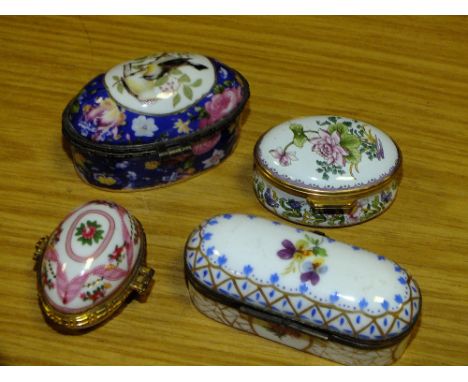 FOUR PILL BOXES TO INC A STAFFORDSHIRE ENAMEL EXAMPLE