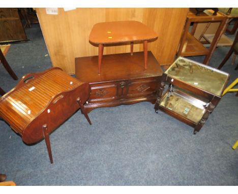 A VINTAGE TAMBOUR SEWING BOX, TV UNIT AND TWO OCCASIONAL TABLES (4)