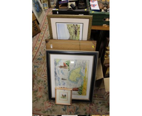 A QUANTITY OF ASSORTED PICTURES AND PRINTS TO INCLUDE LIMITED EDITION ALAN INGHAM PRINTS UNUSUAL HAND PAINTED LIGHTHOUSE MAP,