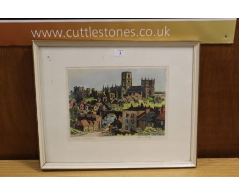A FRAMED AND GLAZED SIGNED JAMES PRIDDEY PRINT ENTITLED 'DURHAM CATHEDRAL' PICTURE SIZE - 36CM X 28CM 