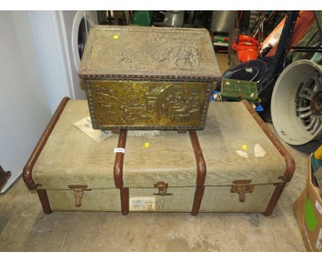 A VINTAGE BANDED PACKING TRUNK PLUS A BRASS COAL BOX (2)