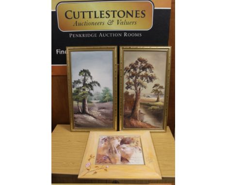 TWO GILT FRAMED OILS ON BOARD DEPICTING RURAL LANDSCAPES WITH TREES, TOGETHER WITH A MODERN ITALIAN STYLE PRINT (3)