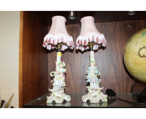 A PAIR OF CONTINENTAL STYLE CERAMIC FIGURAL TABLE LAMPS