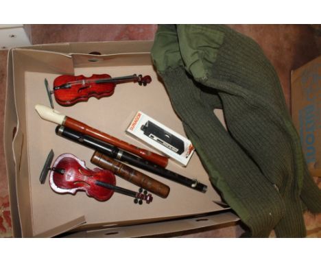 A BOX OF MUSICAL RELATED COLLECTABLES TO INCLUDE A WOODEN RECORDER
