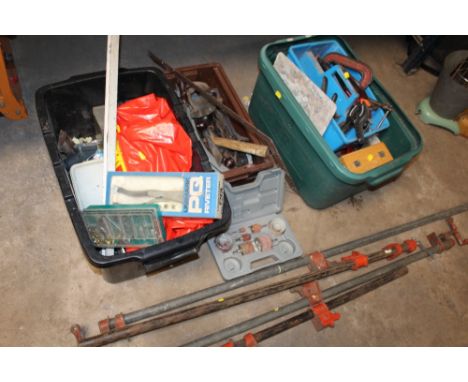 THREE BOXES OF TOOLS AND PARTS TO INCLUDE CLAMPS ETC
