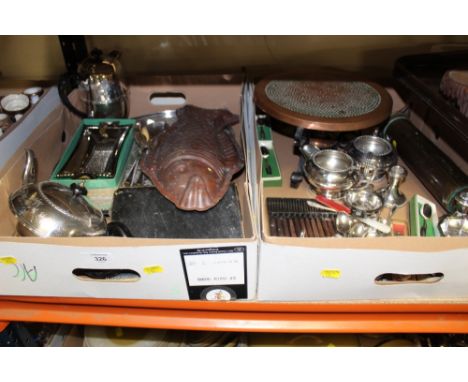 TWO TRAYS OF METALWARE TO INCLUDE A PAIR OF HALLMARKED SILVER SQUAT CANDLE STICKS, SILVER PLATED TEA SERVICE ETC.