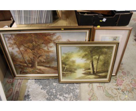 TWO LARGE OIL ON BOARDS DEPICTING WOODED RIVER LANDSCAPES, TOGETHER WITH A PARISIAN SCENE OIL ON BOARD SIGNED BURNETT AND A F