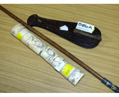 AN ANTIQUE LETTER OPENER A/F TOGETHER WITH AN ORIENTAL ENAMEL PIPE AND A SCALE