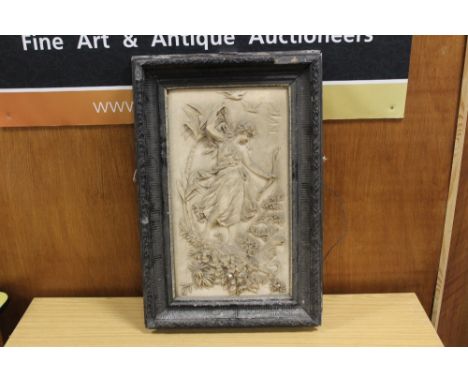 A FRAMED NEO CLASSICAL STYLE CERAMIC PLAQUE OF A LADY OVERALL SIZE INC FRAME - 61CM X 42CM 