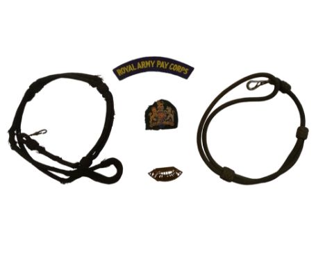 5 x various vintage military badges, lanyards comprising of a Royal Army Pay Corps embroidered cloth shoulder title (early no