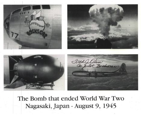 WWII Captain Fred J Olivi signed "Bockscar" 10x8inch The Bomb that ended World War Two Nagasaki, Japan -August 9, 1945, black