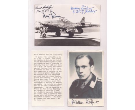Hermann Staiger, Adolf Galland and Erich Rudorffer signed 7x5 inch black and white photo with printed Hermann Staiger photo a