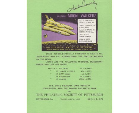 Astronaut Charles Conrad signed Saluting Moon Walkers Philatelic Society of Pittsburgh Stamp sheet. Good condition. All autog