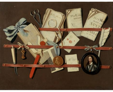 Follower of Evert CollierTrompe l'oeil with letter rack and a portrait miniature of Charles Ioil on canvas 58.4 x 75cm (23 x 