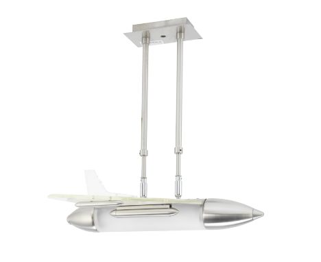 A polished steel and clear perspex jet plane pendant lightcirca 1980'swith frosted tubular glass fitting, supported by hinged