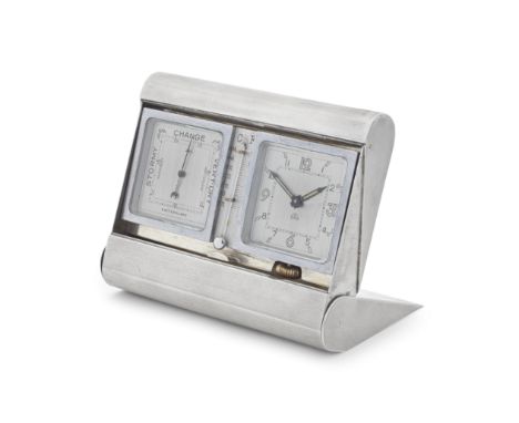 An Art Deco silver cased combination thermometer, barometer and time desk compendiumA Wilcox, Birmingham 1936The Rectangular 