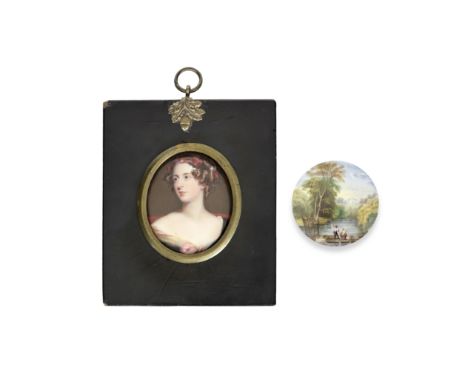 John Simpson (British, 1811-after 1871): An oval enamelled copper portrait miniature of the Duchess of Sutherland together wi