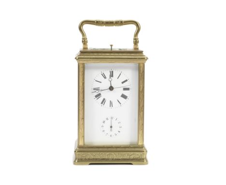 A late 19th century French brass carriage clock produced for the Chinese market with repeat, alarm and seconds handthe Cannel