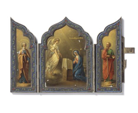 A RUSSIAN SILVER-GILT AND ENAMEL TRIPTYCH ICONBrothers Grachev firm, St. Petersburg, c. 1896the central panel painted with th