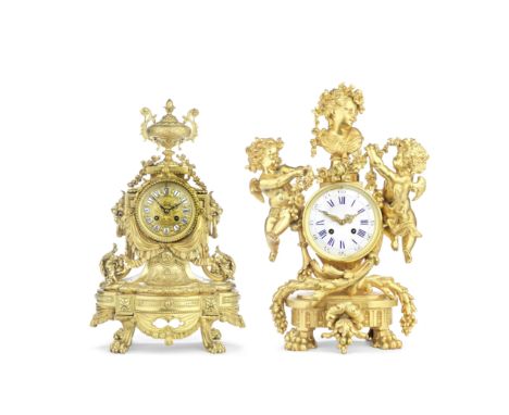 A late 19th century French gilt spelter figural mantel clock together with a similar period French gilt brass mantel clockbot