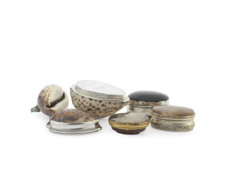 A collection of Georgian silver mounted cowrie shell and hardstone boxesvarious makers and dates Comprising: a cowrie shell s