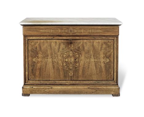 A Charles X rosewood and bois clair marquetry commode a vantauxCirca 1825, the marble top above one long stylised foliate, pa