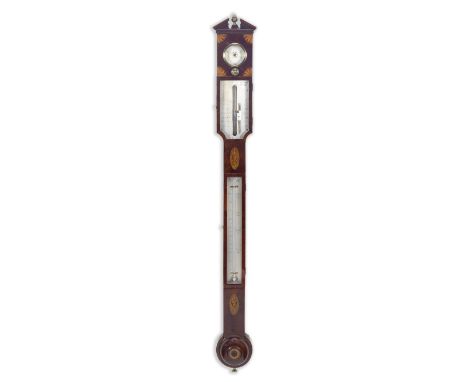 A large George III mahogany, marquetry inlaid and chequer strung stick barometerthe dial signed Chas Ciano, Fecitthe broken p