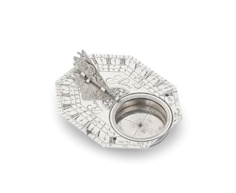 A French silver 'Butterfield Dial' pocket sundial and compassMichael Butterfield, Paris circa 1700, discharge mark small arti