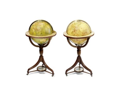 A Pair of J. &amp; W. Cary 15-inch Terrestrial and Celestial Floor Standing Globes, English, circa 1820,the 15-diameter terre