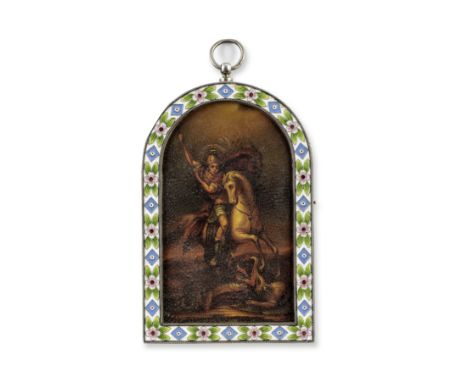 A miniature silver and cloisonné enamel icon of St George &amp; the dragonP. Ovchinnikov, Moscow, 1908-1917 realistically pai