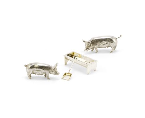 A novelty silver pig condiment setB S E Products, London 1993, one pig 1989 Realistically modelled, one pig-form pepper shake