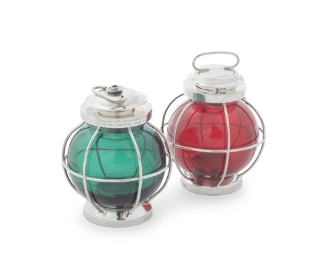 A rare matched pair of novelty silver ink pot and lighter as Port and Starboard lanternsHenry Bourne, Birmingham 1899 and Dea