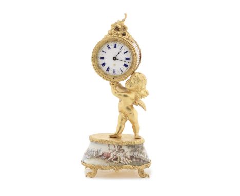 A Continental gilt metal and enamel miniature figural boudoir timepieceprobably Viennese, early 20th century the enamel panel