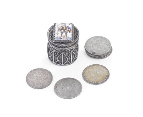 A late-17th century filigree silver and enamel counter boxunmarked The cover with applied enamel playing card of the knave of