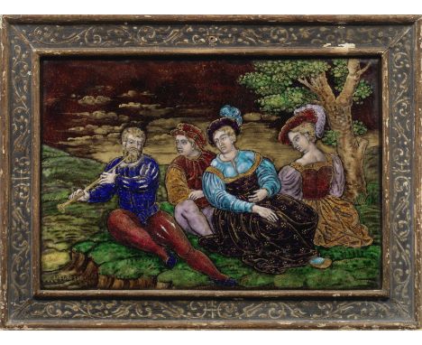 A late 19th century French  Limoges style enamel plaque depicting courtly figures in Renaissance style dress within a rustic 