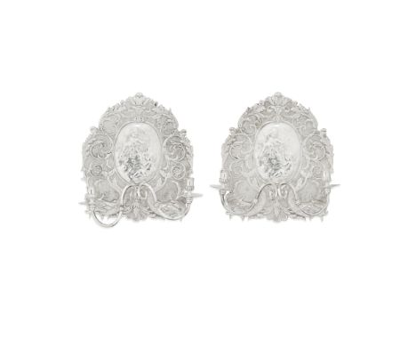 A pair of electroplated cast metal twin-light wall appliquesunmarked, in the 17th century style With plain scroll arms, the f