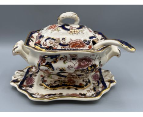 Masons ironstone “Mandalay pattern” twin handled lidded gravy sauce tureen on stand with ladle