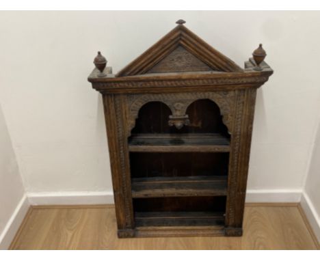 Antique carved oak three shelf wall handing display unit  - 70cm w x 150cm h x 19cm d