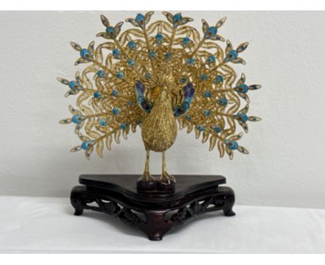 Chinese Cloisonné enamel beautiful golden Peacock on wood base - Height 18cm x Widtj 17cm