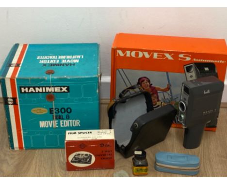 Boxed movex S automatic camera together with hanimex E300 dual 8 movie editor plus accessories