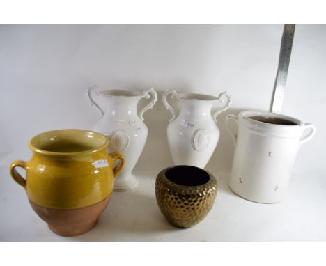 CERAMIC POTS, WHITE AND BROWN GLAZED
