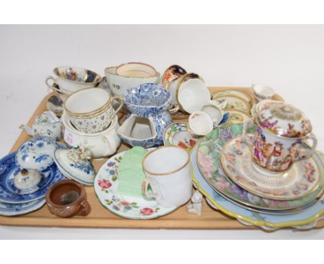 TRAY CONTAINING CERAMIC ITEMS INCLUDING A CAPO DI MONTE CHOCOLATE CUP AND COVER