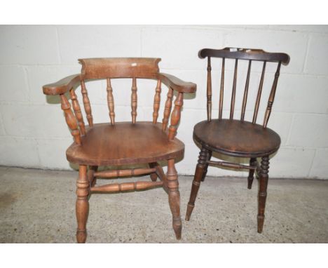 VINTAGE CAPTAIN'S CHAIR, WIDTH APPROX 62CM, TOGETHER WITH A FURTHER STICK BACK KITCHEN CHAIR