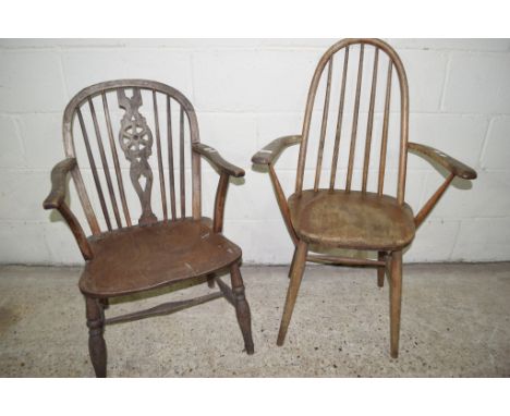 VINTAGE WINDSOR STYLE CHAIR TOGETHER WITH WHEEL BACK ARMCHAIR, EACH APPROX WIDTH 64CM MAX