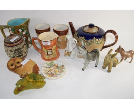 CERAMIC WARES INCLUDING TWO DOULTON BEAKERS AND A DOULTON SLATERS PATENT STYLE TEA POT AND COVER