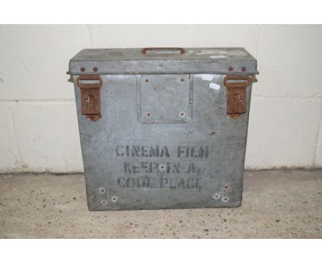 VINTAGE METAL CINEMA FILM TRANSPORTATION BOX, APPROX 42CM SQUARE
