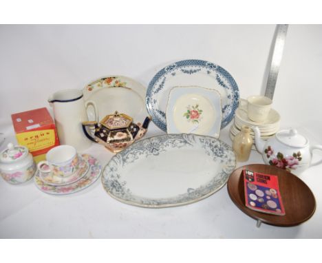 TRAY CONTAINING CERAMIC ITEMS, TEA POTS, SERVING DISHES ETC