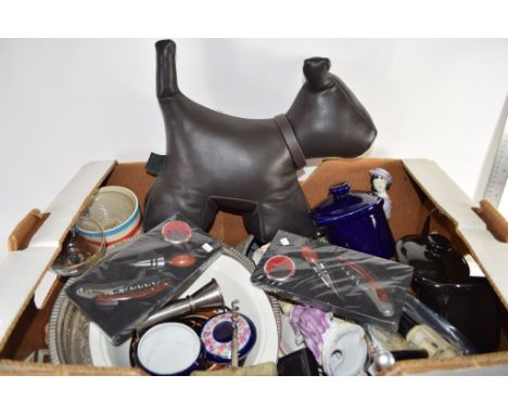 BOX CONTAINING METAL WARES AND CERAMIC ITEMS, CORKSCREWS, BOTTLE OPENERS, CHINA FIGURES ETC