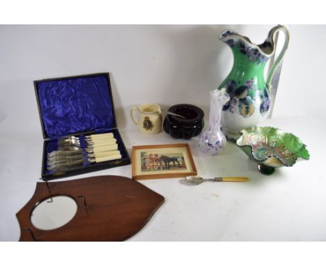 BOX CONTAINING FISH KNIVES AND FORKS, COMMEMORATIVE MUG, LARGE CERAMIC PICTURE AND CARNIVAL GLASS BOWL