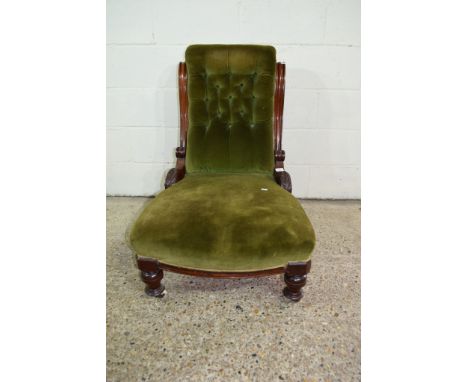 STAINED WOOD 19TH CENTURY BUTTON BACK UPHOLSTERED NURSING CHAIR, WIDTH APPROX 64CM MAX